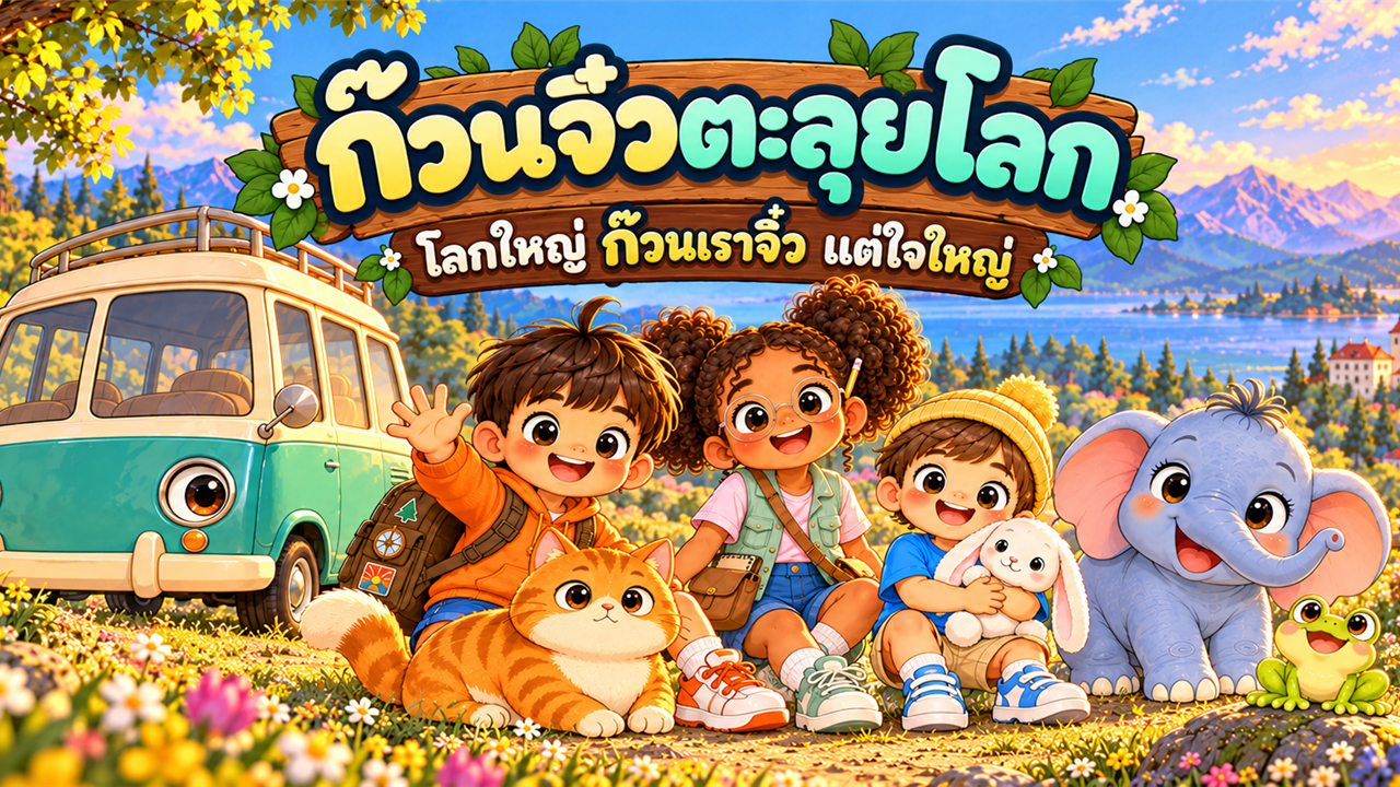 ธีร์ มายา โอ๊ต และเพื่อนสัตว์กับรถตู้วิเศษตู๊ด ในทุ่งดอกไม้ริมทะเลสาบ