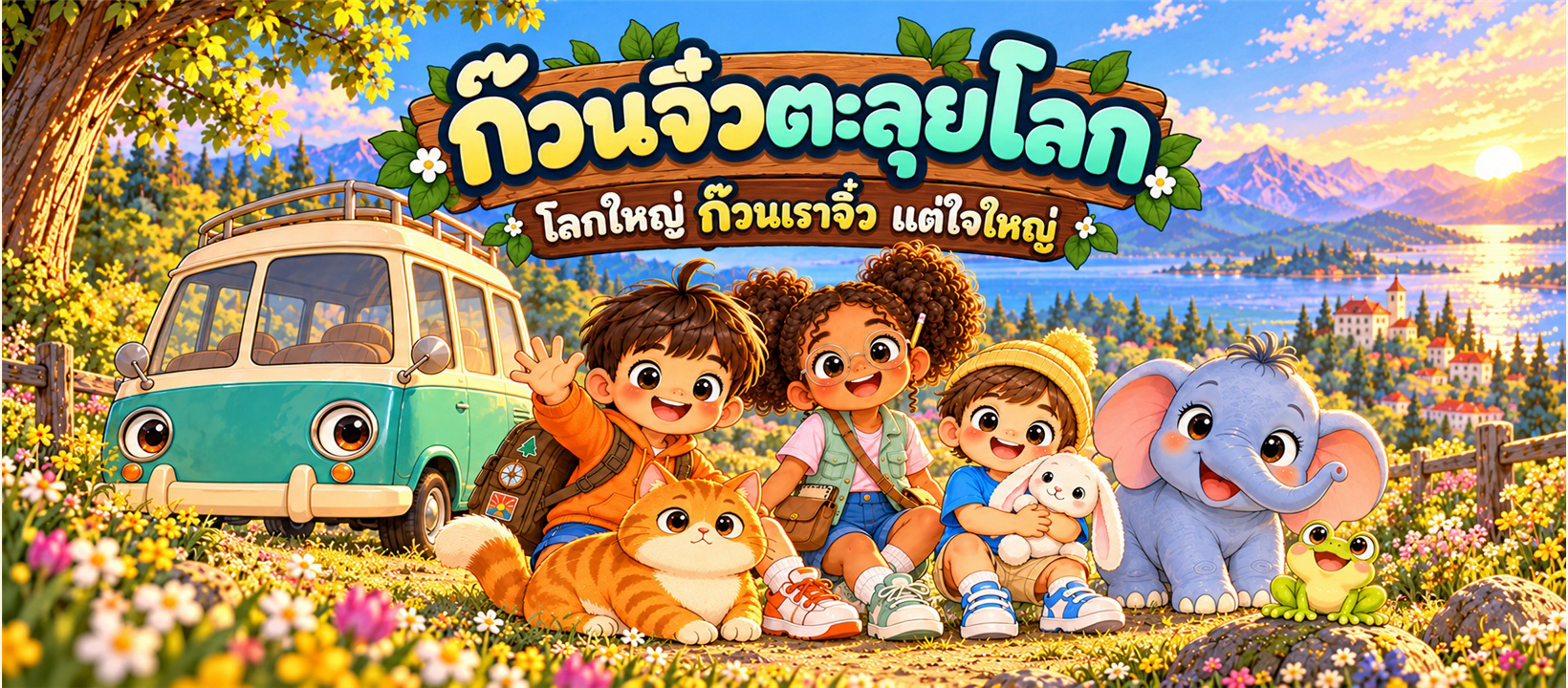ธีร์ มายา โอ๊ต และเพื่อนสัตว์กับรถตู้วิเศษตู๊ด ในทุ่งดอกไม้ริมทะเลสาบ